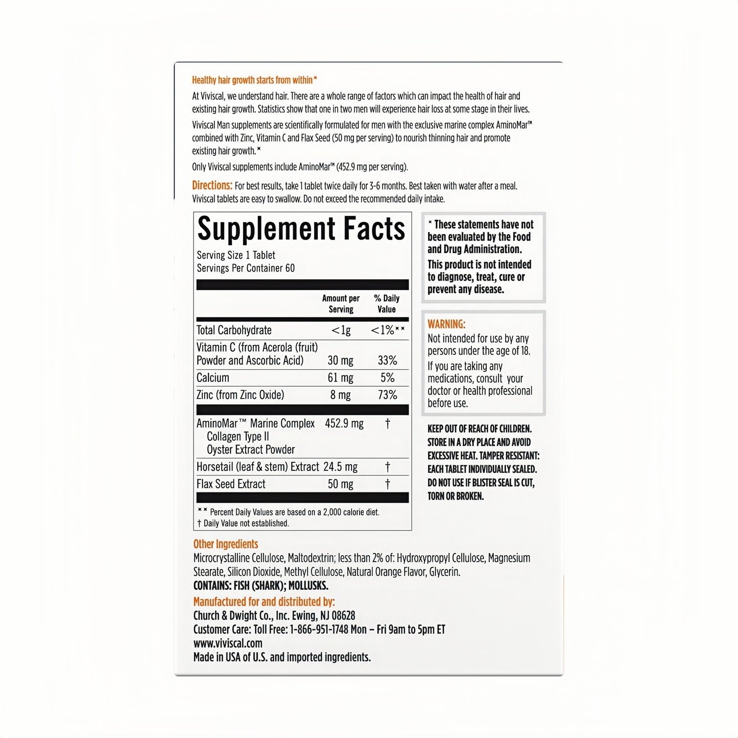 Viviscal Men's Hair Growth Supplements for Thicker FullerHair, Clinically Proven Collagen Complex, 180 Tablets 3Month Supply