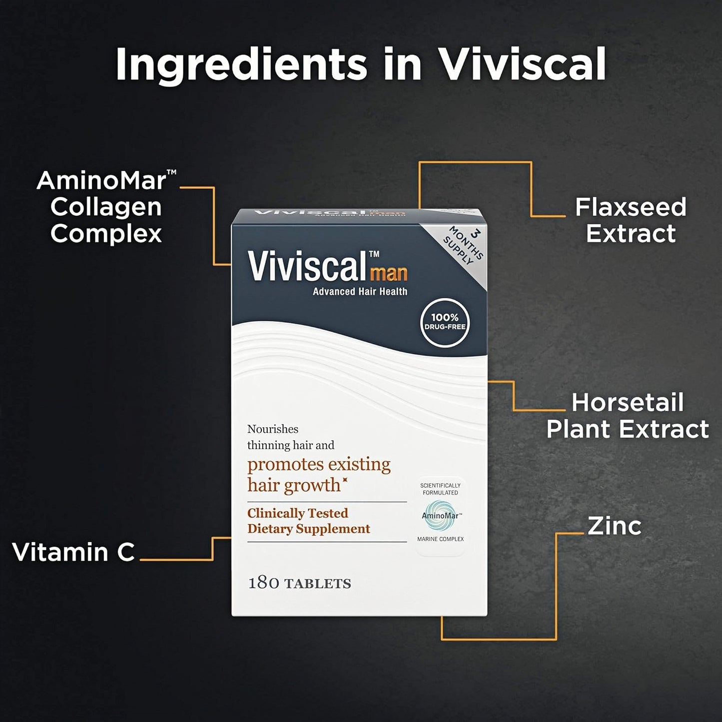 Viviscal Men's Hair Growth Supplements for Thicker FullerHair, Clinically Proven Collagen Complex, 180 Tablets 3Month Supply