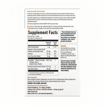 Viviscal Men's Hair Growth Supplements for Thicker FullerHair, Clinically Proven Collagen Complex, 180 Tablets 3Month Supply